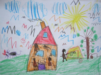 Buntstiftbild mit Haus Baum Sonne und Menschen aus der Frühförderung